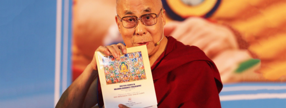 His Holiness the 14th Dalai Lama during the launch of Masters Course in Nalanda Philosphy at Thyagraj Stadium, New Delhi 2016.