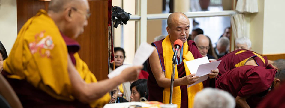 Geshé Dorji Damdul, director of Tibet House and primary teacher of the Nalanda courses, speaking at the meeting with His Holiness the Dalai Lama and participants in Tibet House's Nalanda Courses at the Main Tibetan Temple in Dharamsala, HP, India on June 2, 2023. Photo by Tenzin Choejor