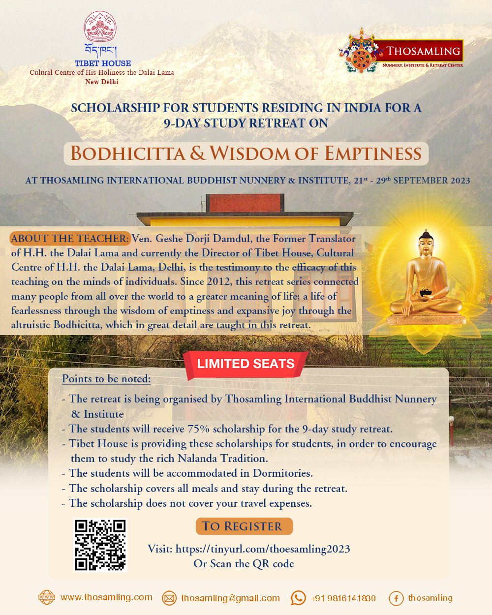 Tibet House New Delhi Scholarship Announcement for Bodhicitta Retreats 2023  – Tibet House